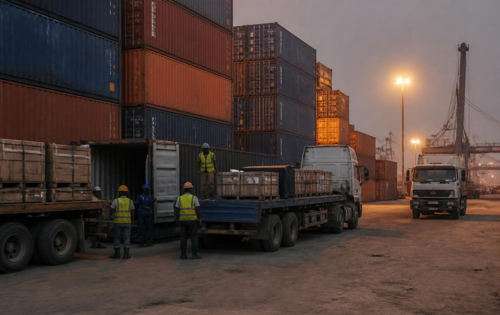 Trucks being loaded at a Nigerian container depot at dusk
