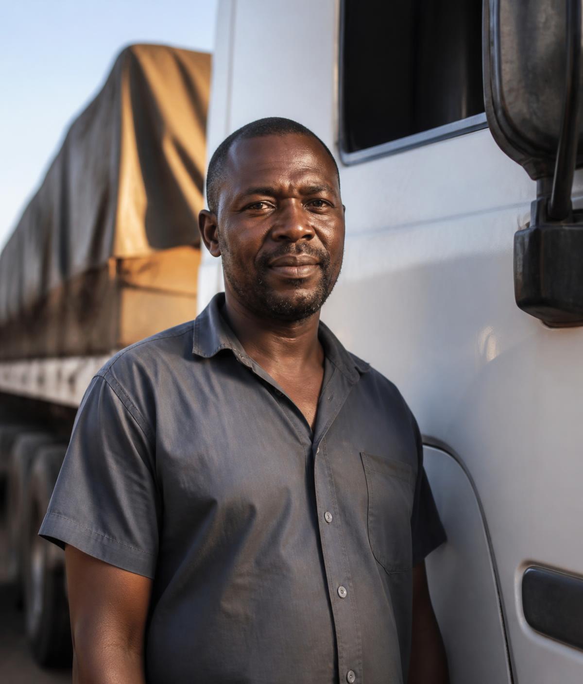 Nigerian truck driver standing beside his cab in morning light